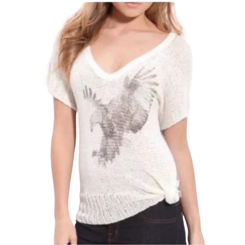 We the Free eagle print open knit mixed media sweater Sz XS excellent condition